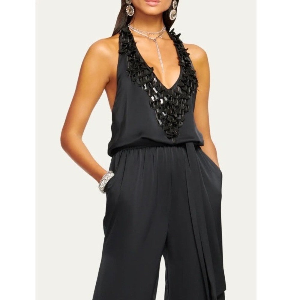 RAMY BROOK Maya Embellished Satin Halter Jumpsuit Size L Evening Party Elegant